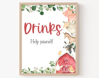 Drinks Sign Farm Animal Baby Shower, Boy Farm Drinks Baby Shower Sign, Barnyard Printable Table Sign, Greenery Decor 0138