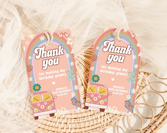 Bearbeitbar ANY AGE Groovy Geburtstag Danke Tags, Retro Geburtstagsfeier Geschenkanhänger, Gänseblümchen Regenbogen Hippie Geburtstag Favor Tag Vorlage, 67BD