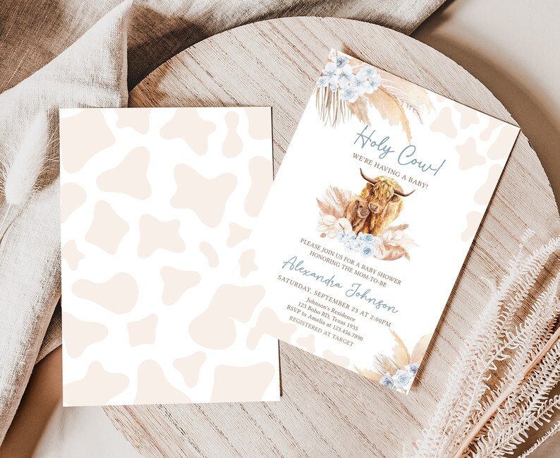 Editable Boho Highland Cow Baby Shower Invitation, Blue Holy Cow Baby Shower Invite, Boy Highland Cow Boho Baby Shower Invite Template, 0505 image 2