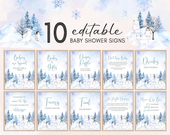 Peut inclure: Un ensemble de dix panneaux de baby shower modifiables sur le thème de l'hiver. Chaque panneau présente une illustration à l'aquarelle d'ours polaires, de pingouins et de pins dans un paysage enneigé. Les panneaux incluent du texte tel que "Babies are Sweet" et "Drinks".