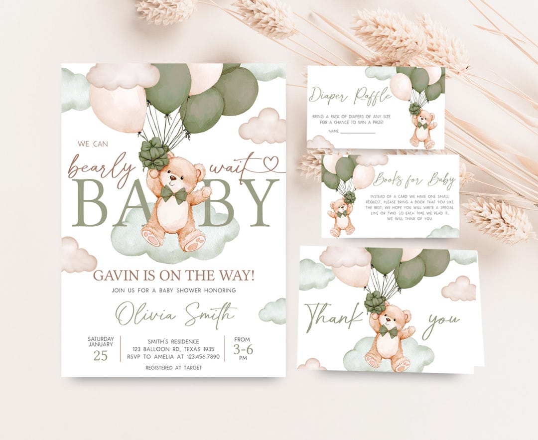 Editable We Can Bearly Wait Baby Shower Invitation Bundle, Green ...