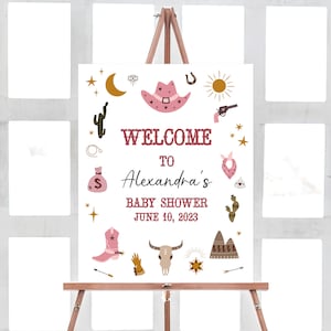 Editable Cowgirl Baby Shower Welcome Sign, Girl Western Baby Shower Welcome Poster, Pink Desert Baby Shower Country Theme Sign Template 0313
