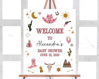 Edytowalny znak powitalny na baby shower Cowgirl, plakat powitalny na baby shower w stylu western, różowy pustynny szablon znaku na baby shower w stylu country 0313