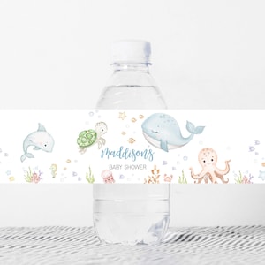 Bewerkbaar onder de zee fleslabel babyshower, neutrale nautische waterlabels babyshower, stickers zeedieren Oceaan waterfles, 0716