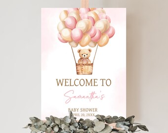 Editable Pink We Can Bearly Wait Baby Shower Welcome Sign, Girl Bear Baby Shower Welcome Poster, Bear Hot Air Balloons Baby Shower Sign 0701