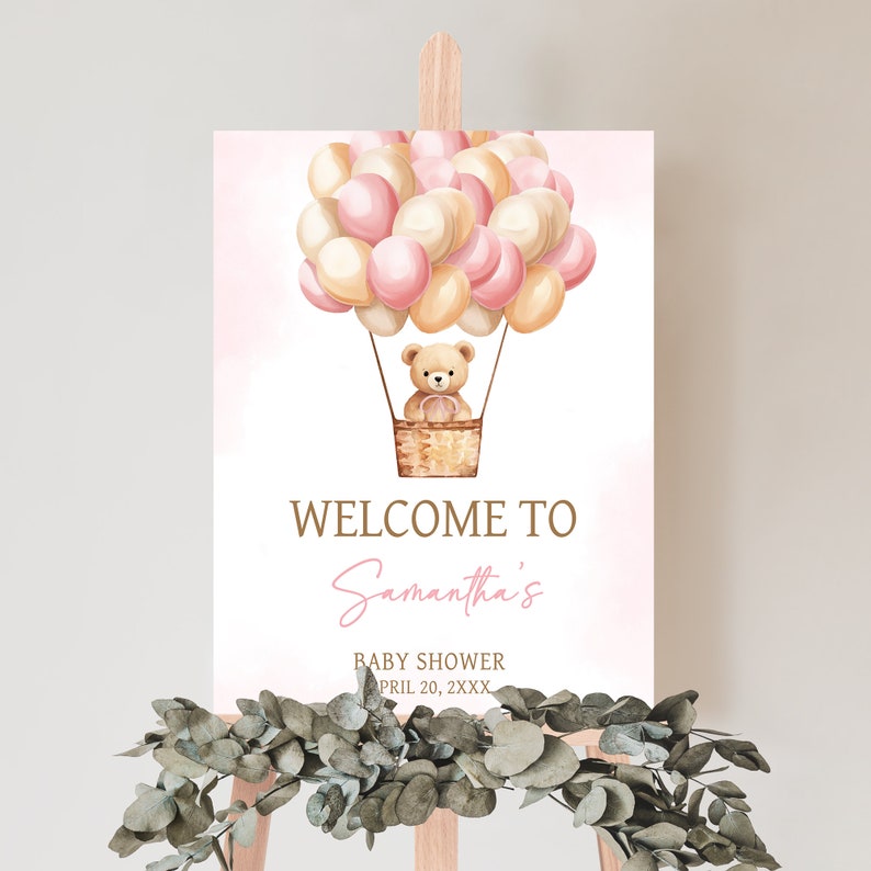 Bewerkbare roze We Can Bearly Wait babyshower welkomstbord, meisje beer babyshower welkomstposter, beer heteluchtballonnen babyshower bord 0701 afbeelding 1