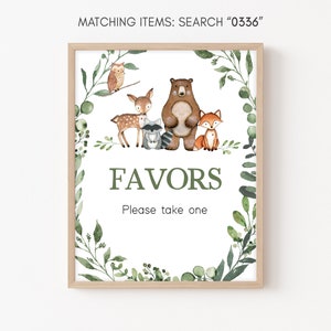 Signo de favores de baby shower del bosque, signo de mesa de favor de baby shower de animales del bosque, plantilla imprimible de favores de animales salvajes del bosque verde 0336