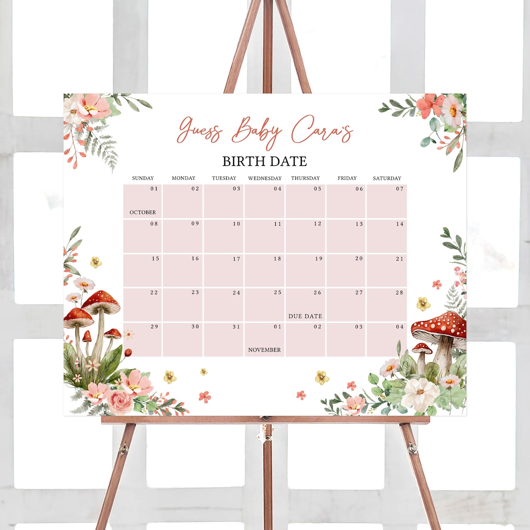 Editable Little Mushroom Baby Shower Due Date Calendar, Wildflower ...