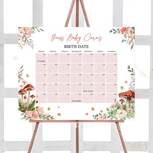 Bearbeitbarer Fälligkeitskalender für die kleine Pilz-Babyparty, Wildblumenpilz-Babypartykalender, Cottagecore-Rotpilz-Babyparty, 0845