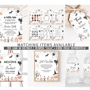 May include: A collection of Halloween-themed baby shower decorations. The designs include invitations, games, thank you tags, welcome signs, and water bottle labels. The color palette features orange, black, and white with spooky illustrations.