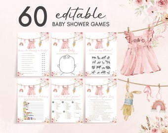 Editable A Sweet Baby Girl Baby Shower Games Bundle, Pink Floral Baby Clothesline Baby Shower Game Pack, Boho Laundry Baby Shower Game 01163