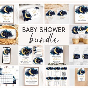 Editable We Are Over The Moon Baby Shower Bundle, Boy Moon and Stars Baby Shower Pack, Blue Twinkle Little Star Mega Bundle Template, 0751