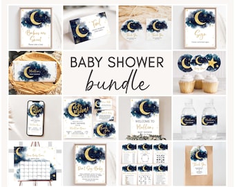 Editable We Are Over The Moon Baby Shower Bundle, Boy Moon and Stars Baby Shower Pack, Blue Twinkle Little Star Mega Bundle Template, 0751