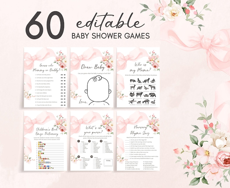 Pink Bow Baby Shower Games Bundle