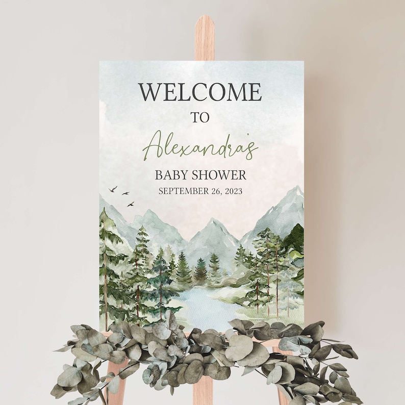 Panneau de bienvenue modifiable Oh Boy, laissez l'aventure commencer, affiche de bienvenue pour baby shower des montagnes des bois, baby shower aventure, 0497 image 1