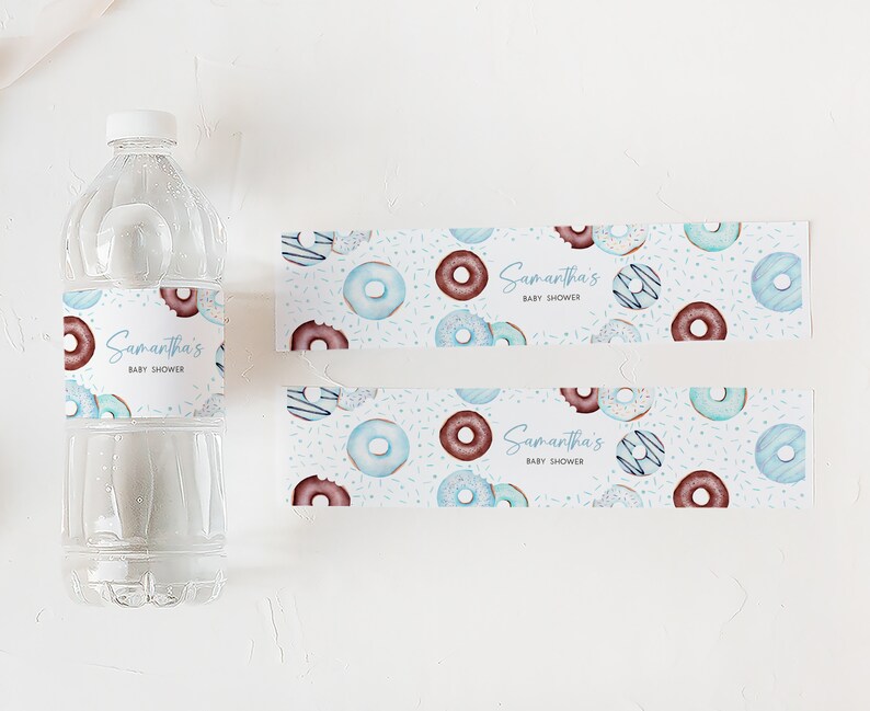 Editable Blue Donuts and Diapers Baby Shower Bottle Label, Boy Donuts Baby Shower Water Label, Blue Sweet Sprinkle Water Bottle Sticker 0652 image 3