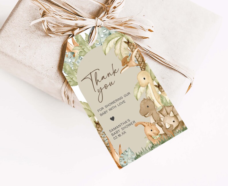 Editable Dinosaur Baby Shower Favor Tags, Baby Dinosaur Boho Baby Shower Gift Tag, Gender Neutral Dino Boho Baby Shower Thank You Tags, 0666 image 3