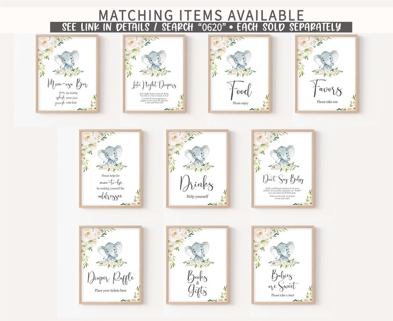May include: Set of ten printable baby shower signs featuring a cute gray elephant with white flowers. The signs include titles like "M-Bar", "Late Night Dampers", "Food", "Favors", "Drinks", "Don't Say Baby", "Diaper Raffle", "Books & Gifts", and "Babies are Sweet".