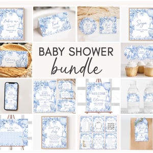 Bearbeitbares blaues Chinoiserie Toile-Babyparty-Bundle, Safari Toile De Jouy-Babyparty-Paket, Blaue Schleife-Babyparty-Mega-Bundle-Vorlage, 01092