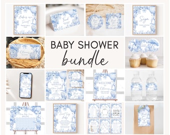 Editable Blue Chinoiserie Toile Baby Shower Bundle, Safari Toile De Jouy Baby Shower Pack, Blue Bow Baby Shower Mega Bundle Template, 01092
