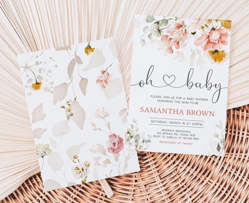 Bewerkbaar teken Oh Baby lente babyshower uitnodiging, lentebloem babyshower uitnodiging, roze bloemen meisje babyshower uitnodiging sjabloon 0628 afbeelding 2
