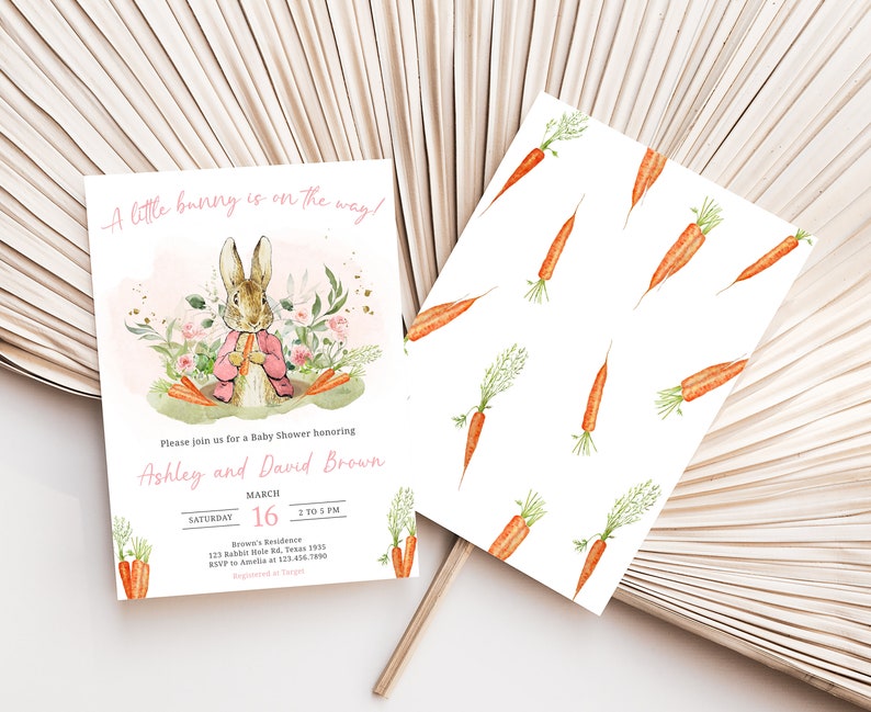 Editable Pink Peter Rabbit Baby Shower Invitation Bundle, Peter Rabbit Girl Baby Shower Invite Set, A Little Bunny Spring Baby Shower, 0626 image 2