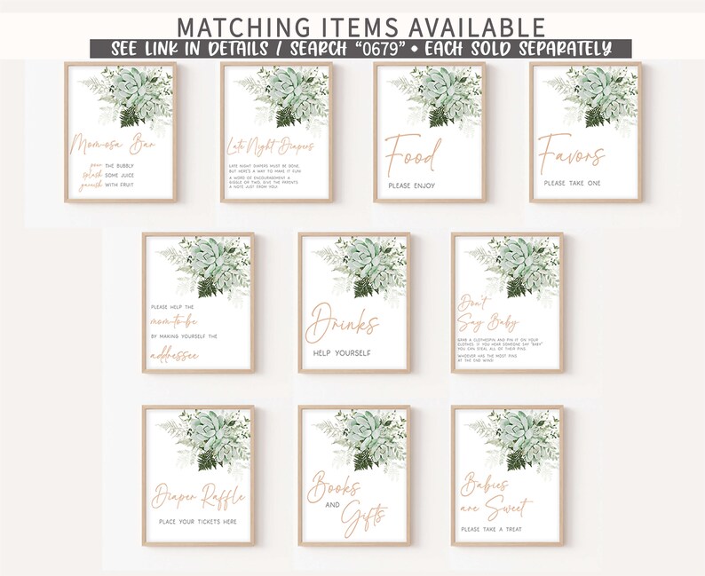 Puede incluir: Conjunto de diez carteles imprimibles con un dise&ntilde;o floral verde y blanco. Los carteles presentan texto en color naranja melocot&oacute;n, incluyendo "Mimosas Bar", "Late Night Snacks", "Drinks", "Food", "Favors", "Don't Say Baby", "Diaper Raffle", "Books and Gifts", y "Babies are Sweet".