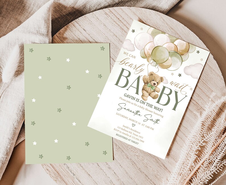 Editable Gender Neutral Bear Baby Shower Invitation, We Can Bearly Wait Baby Shower Invite, Green Bear Balloons Baby Shower Invitation, 0604 image 2