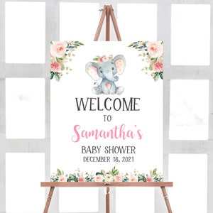 Signo de bienvenida de baby shower de elefante, cartel de bienvenida de elefante floral rosa, plantilla de decoraciones de letreros imprimibles de Little Peanut para niña 0158