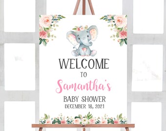 Elephant Baby Shower Welcome Sign,  Pink Floral Elephant Welcome Poster, It's a Girl Little Peanut Printable Sign Decorations Template 0158