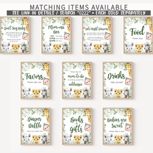 May include: Nine printable signs with a jungle theme featuring a giraffe, lion, zebra, and monkey. The signs have text that says "Don't Say Baby", "Mom-esa Bar", "Late Night Diapers", "Food", "Favors", "Mom-to-be Addressee", "Drinks", "Diaper Raffle", "Books & Gifts", and "Babies are Sweet".