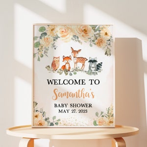 Editable Fall Woodland Baby Shower Welcome Sign, Fall Floral Baby Shower Welcome Poster, Gender Neutral Woodland Animals Address Sign 0351