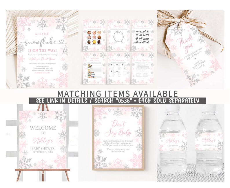 Op de afbeelding: Een verzameling baby shower decoraties met een sneeuwvlok thema. Items zijn onder meer uitnodigingen, spelletjes, een welkomstbord, waterfleslabels en een "Don't Say Baby" bord. Het kleurenschema is roze, zilver en wit.