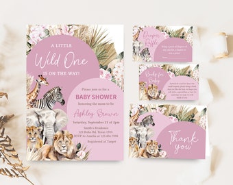 Bewerkbare Boho A Little Wild One babyshower uitnodigingsbundel, roze boho safari jungle babyshower uitnodigingsset, safarimeisjes meisje, 0519