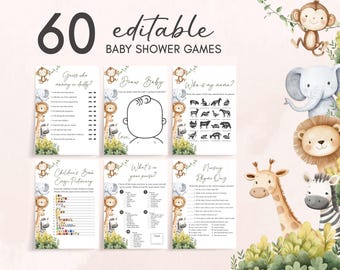 Editable Oh Baby Safari Baby Shower Games Bundle, Minimalist Baby Jungle Baby Shower Game Pack, Gender Neutral Safari Animals Games, 0994