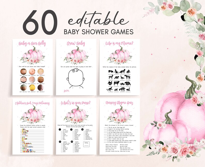 Editable Little Pumpkin Baby Shower Games Bundle, Autumn Baby Shower Game Pack, Fall Pink Pumpkin Girl Baby Shower Activity Template 0214 image 1