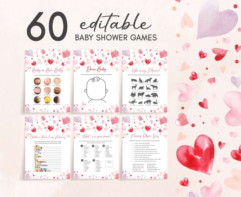 Editable A Little Sweetheart Baby Shower Games Bundle, Pink Red Heart Valentine's Baby Shower Game Pack, Girl Baby Shower Games Bundle, 0587 image 1