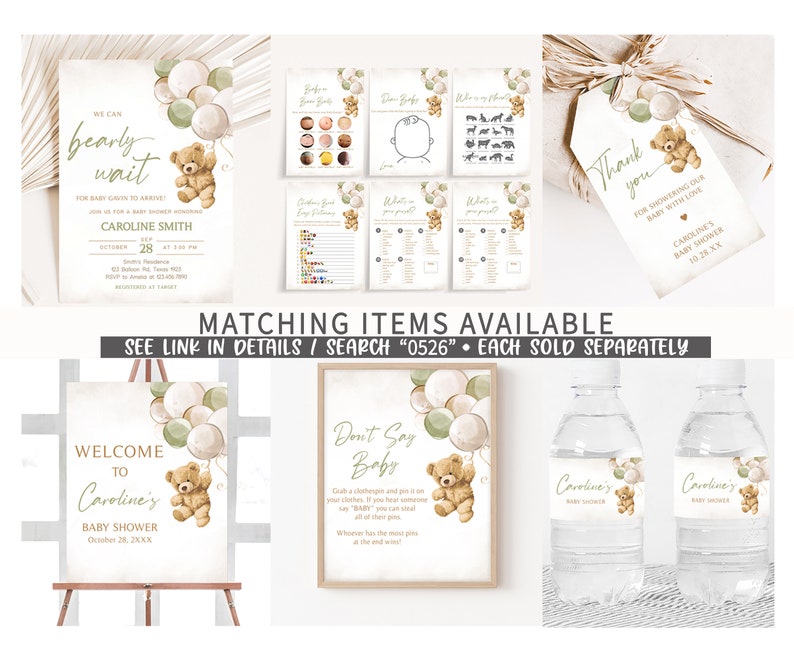 May include: A set of printable baby shower decorations featuring a teddy bear holding balloons. The decorations include a welcome sign, a don't say baby game, water bottle labels, and a thank you tag. The theme is a woodland baby shower with green and brown colors.