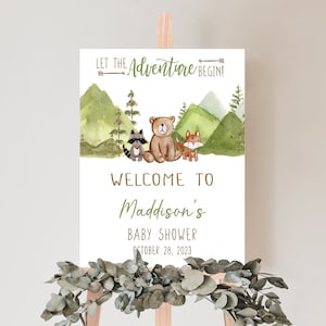 Editable Deje que comience la aventura Woodland Baby Shower Signo de bienvenida, Cartel de bienvenida de Adventure Woodland Baby Shower, Forest Baby Shower, 0480