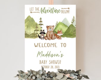 Bearbeitbar Let the Adventure Begin Woodland Baby Shower Willkommensschild, Adventure Woodland Baby Shower Willkommensposter, Forest Baby Shower, 0480