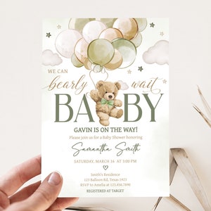 Editable Gender Neutral Bear Baby Shower Invitation Bundle, We Can Bearly Wait Baby Shower Invite Set, Green Bear Balloons Baby Shower, 0604 image 3
