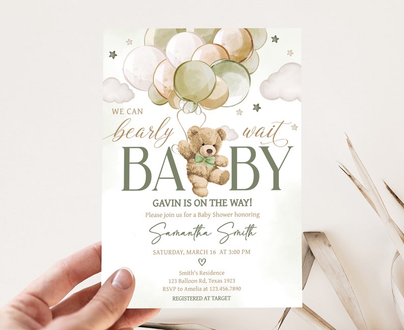 Editable Gender Neutral Bear Baby Shower Invitation Bundle, We Can Bearly Wait Baby Shower Invite Set, Green Bear Balloons Baby Shower, 0604 image 3