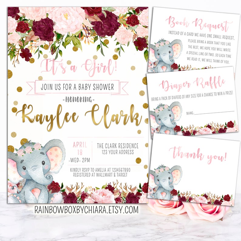 Elephant Baby Shower Invitation Girl Printable Red Floral Etsy Elephant Baby Shower Invitation Girl Printable Red Floral Etsy