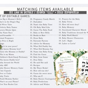 May include: A selection of baby shower games with a jungle theme. The image features a list of editable games, a children's book emoji pictionary, and a game titled "Who is my mama?" The text "Matching Items Available" is at the top.