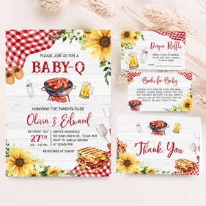 Editable Baby-Q Baby Shower Invitation Bundle, Sunflower Couples BBQ Baby Shower Invite Set, Gingham BabyQ Backyard Baby Shower Invite, 0817