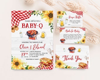 Bearbeitbares Baby-Q Babypartyeinladungspaket, Sonnenblumenpaare BBQ Babypartyeinladungsset, Gingham BabyQ Hinterhof-Babypartyeinladung, 0817
