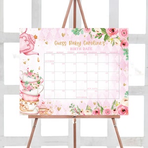 Editable Tea Party Baby Shower Due Date Calendar, A Baby is Brewing Baby Shower Calendar, Pink Floral Baby Shower Birthday Prediction, 0279 image 1