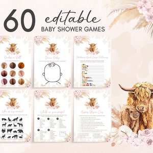 Paquete editable de juegos de baby shower Boho Highland Cow, paquete de juegos de baby shower Pink Holy Cow, juego de juegos de baby shower Girl Highland Cow Boho, 0509