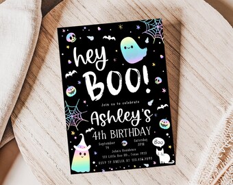 Bewerkbare pastel Halloween-verjaardagsuitnodiging, holografische uitnodiging voor Halloween-feestje, Hey Boo-uitnodiging, Spooktacular-feestuitnodiging, 21BD