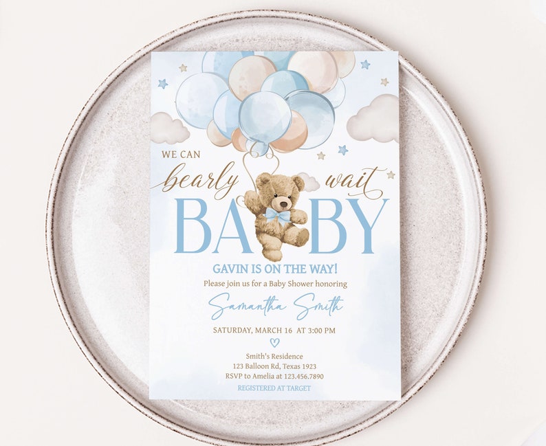 Invitación editable para baby shower con globo de oso niño, podemos esperar con paciencia la invitación para baby shower, plantilla de invitación para baby shower con oso boho azul 0623 imagen 1